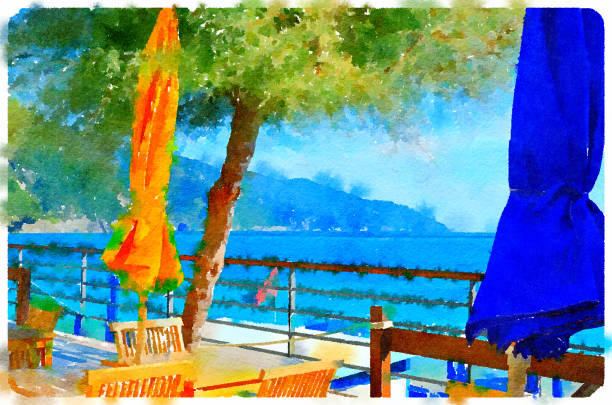 Watercolor Painting of the Beach and Sea view from Restaurant in Monterosso, Cinque terre (Italy) Watercolor Painting of the Beach and Sea view from Restaurant in Monterosso, Cinque terre (Italy) spezia stock illustrations