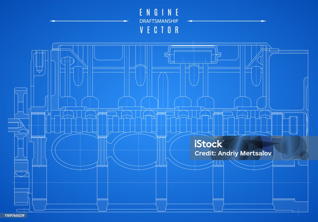 Blueprint Engine Project Technical Drawing On The Blue Background Stock ...