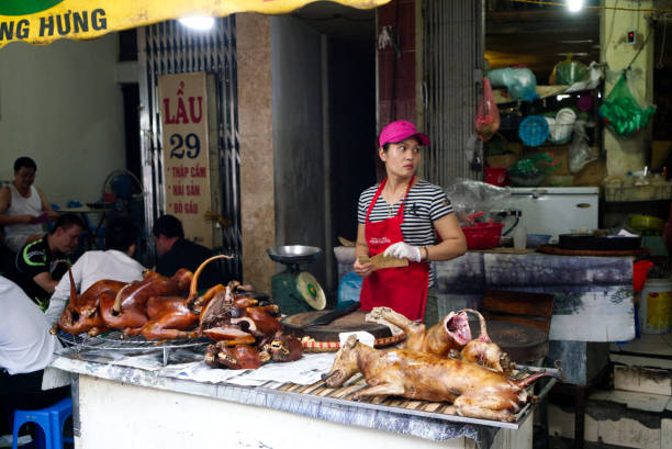 Outdoor restaurant serves grilled dog for lunch in Hanoi.