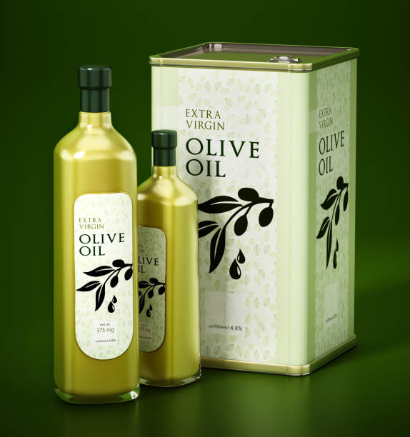 Olive oil bottles and canister standing on green surface. Generic label design.