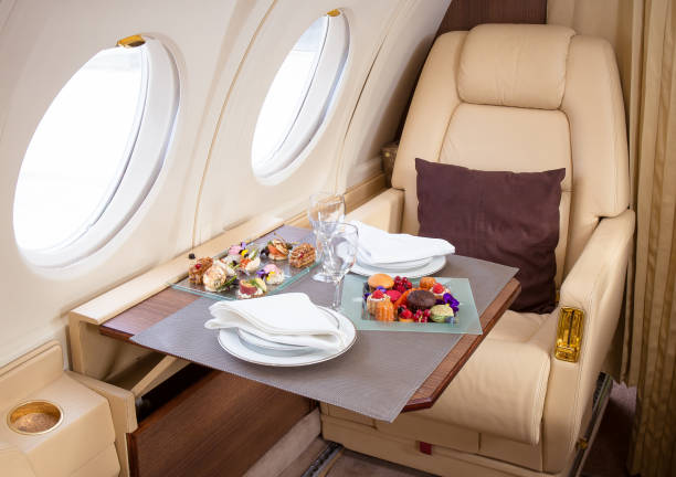 Private jet interior Gourmet catering presentation on board vehicle interior stock pictures, royalty-free photos & images