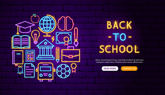 Back to School Neon Banner Design. Vector Illustration of Education Promotion.