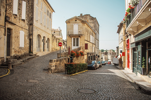 A street with typical french architecture in Saint-Emilion, France. This town is famous for winemaking.