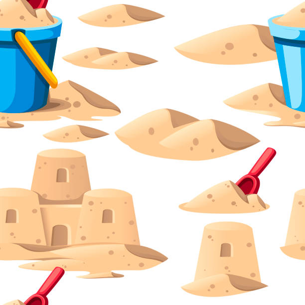 istock Seamless pattern. Simple sand castle with blue bucket and red shovel. Cartoon design. Flat vector illustration on white background 1159771786