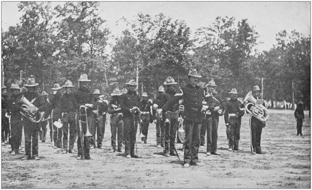 istock US Army black and white photos: Military band parade 1159771821