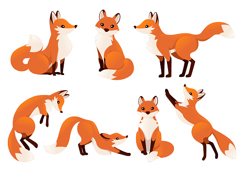 Cute cartoon fox set. Funny red fox collection. Emotion little animal. Cartoon animal character design. Flat vector illustration isolated on white background.