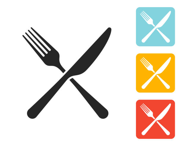 gabel und messer-symbol flache grafik design - knife table knife kitchen knife white background stock-grafiken, -clipart, -cartoons und -symbole