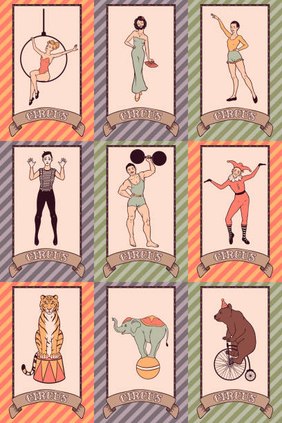 vintage zirkus handgezeichnete charaktere set, darsteller, menschen und tiere, vektor-illustration - women circus acrobat gymnastics stock-grafiken, -clipart, -cartoons und -symbole