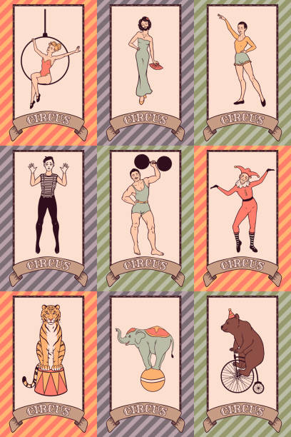 Vintage circus hand drawn characters set, performers, people and animals, vector illustration