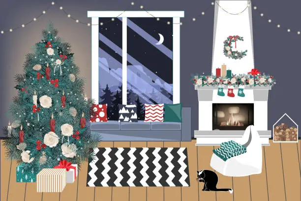 Vector illustration of Christmas living room with a Christmas tree and presents under it - modern Scandinavian style, vector illustration