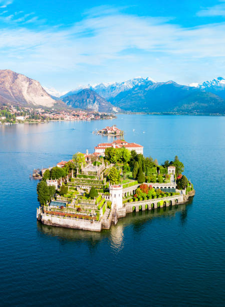 Bella Island, Lake Maggiore Lake Isola Bella and Stresa town aerial panoramic view. Isola Bella is one of the Borromean Islands of Lago Maggiore in north Italy. italian lake district photos stock pictures, royalty-free photos & images