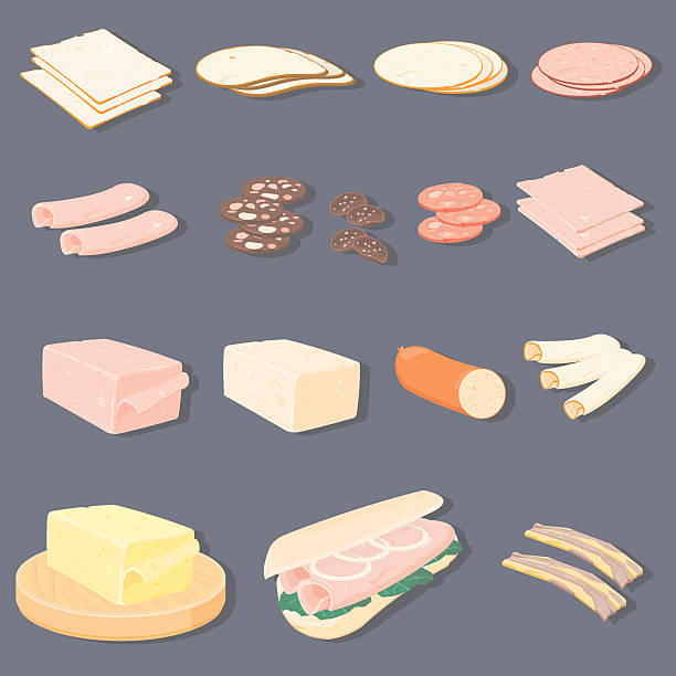 Meats & Cheese With Sub Roll A selection of vector meat with sub roll and cheese included. All grouped and layered for easy editing. Use one or all! baloney stock illustrations