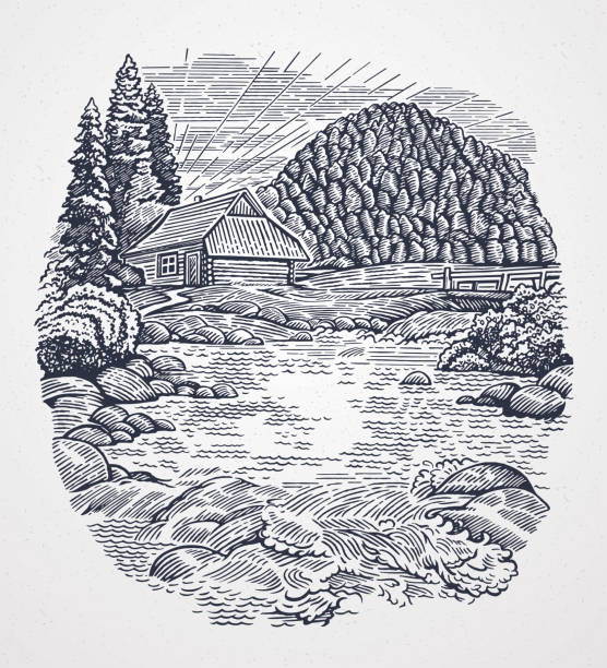 ilustraciones, imágenes clip art, dibujos animados e iconos de stock de paisaje rural de estilo gráfico - mountain engraving drawing illustration and painting