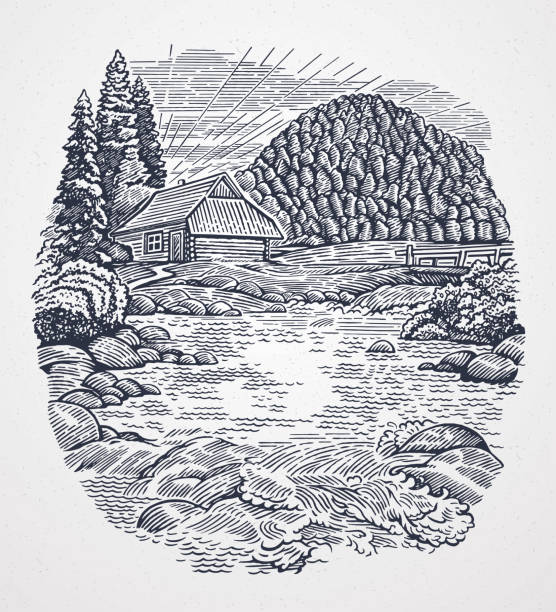 Rural landscape in graphic style Rural landscape in graphic style with a mountain river and a hut. adventure drawings stock illustrations
