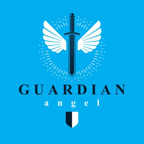 Vector illustration of Vector graphic illustration of sword composed with bird wings, war and freedom metaphor symbol. Guardian angel vector abstract emblem.