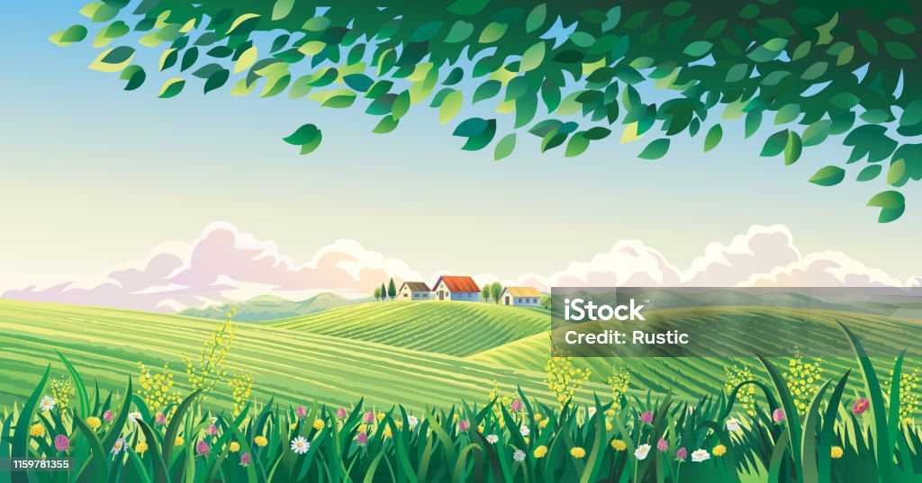 Rural summer landscape Rural summer landscape with flowers and grass in the foreground. Orchard stock vector
