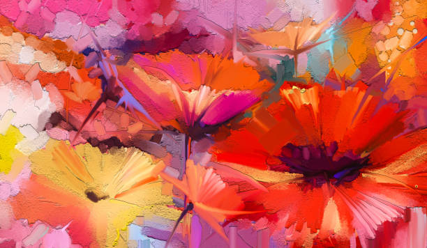 abstrakte bunte öl, acryl-malerei der frühlingsblume. handbemalte pinselstrich auf leinwand. illustration ölgemälde blumen für hintergrund. moderne kunst gemälde blumen mit gelb, rot farbe. - flower abstract stock-fotos und bilder