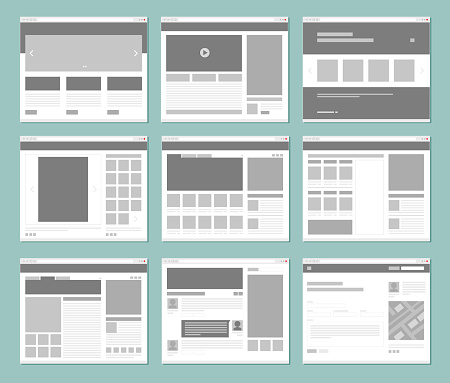Web pages layout. Internet browser windows with website elements interface ui template vector design. Illustration of window browser, website menu or homepage architecture