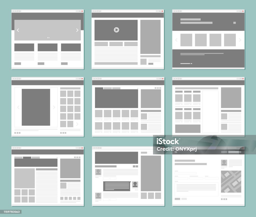Web pages layout. Internet browser windows with website elements interface ui template vector design Web pages layout. Internet browser windows with website elements interface ui template vector design. Illustration of window browser, website menu or homepage architecture Web Page stock vector