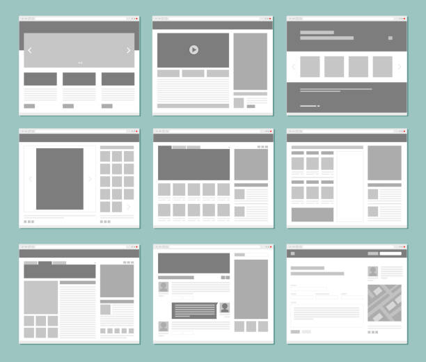 Web pages layout. Internet browser windows with website elements interface ui template vector design Web pages layout. Internet browser windows with website elements interface ui template vector design. Illustration of window browser, website menu or homepage architecture young animal stock illustrations