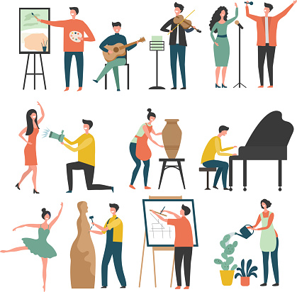 Creative profession. Stylized characters of creative peoples artists sculptors draws actors vector colored pictures. Illustration of sculptor and artist, profession musician