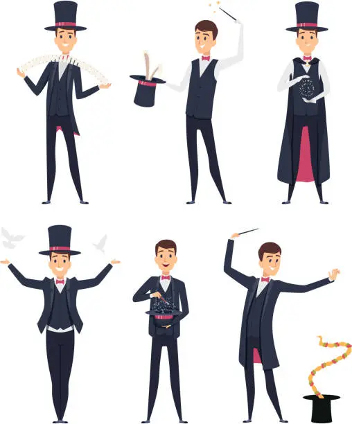 Vector illustration of Magician. Circus showman actor male illusionist vector cartoon characters