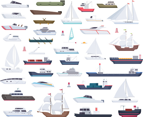 Ocean ships. Yacht sailing boats and travel big and little vessel vector cartoon collection