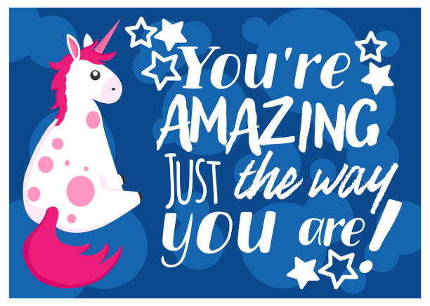 Hand draw unicorn sitting on floor illustration in cartoons style with motivation quotes you're amazing just the way you are for postcard, posters, t-shirts, web banners or another your design. Unicorns poster template. Funny unicorns collection youre beautiful quotes stock illustrations