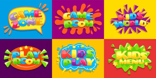 illustrazioni stock, clip art, cartoni animati e icone di tendenza di manifesti della sala giochi. divertente mini giochi per bambini, giochi zona di gioco per bambini e bambini menu vettore illustrazione sfondo sfondo - child preschool backgrounds baby