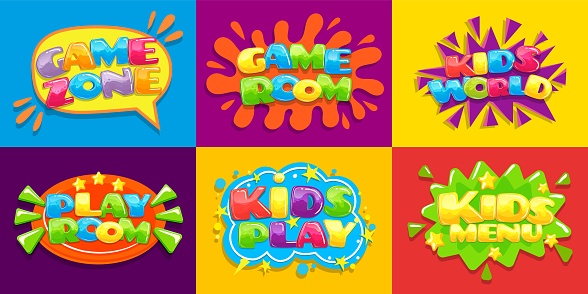 Game room posters. Fun kids playroom, games playing zone for young kid and kids menu. Hobby play room, game advertisement zone or toy party playground vector illustration background set