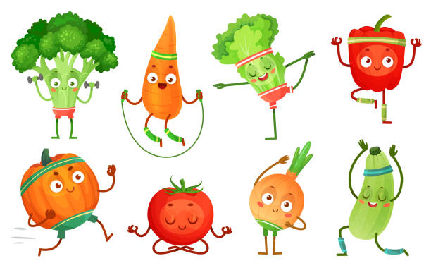 Cartoon vegetables fitness. Vegetable characters workout, healthy yoga exercises food and sport vegetables vector illustration set Cartoon vegetables fitness. Vegetable characters workout, healthy yoga exercises food and sport vegetables. Yoga poses, kawaii sport vegetable. Isolated vector illustration icons set tomato face stock illustrations