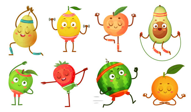 ilustraciones, imágenes clip art, dibujos animados e iconos de stock de personajes frutales yoga. frutas en las poses de ejercicios de fitness, comida de bienestar y divertido conjunto de ilustraciones vectoriales de dibujos animados de frutas deportivas - fruit apple orange lemon