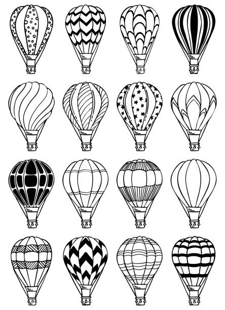 Hot air balloons set. Hot air balloons set. Vector illustration.  Aerostat for decoration for holidays, travel, greeting cards, wedding, invitations, summer, holidays and greetings,  scrapbooking and wrapping paper balloon drawings stock illustrations