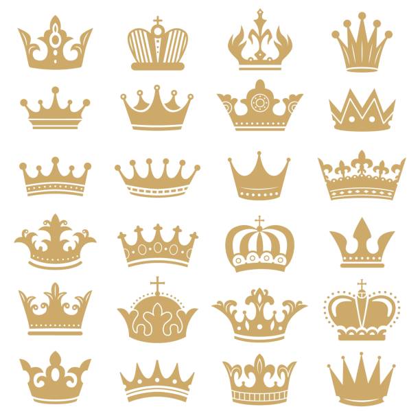 Gold crown silhouette. Royal crowns, coronation king and luxury queen tiara silhouettes icons vector set Gold crown silhouette. Royal crowns, coronation king and luxury queen tiara silhouettes. Golden monarch hat, aristocracy crown or royal medieval leadership signs. Isolated icons vector set gold metal silhouettes stock illustrations