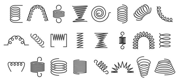 illustrations, cliparts, dessins animés et icônes de ressort en spirale. bobines flexibles, ressorts métalliques et spirales métalliques silhouette icônes vectorielles ensemble - springs spiral flexibility metal