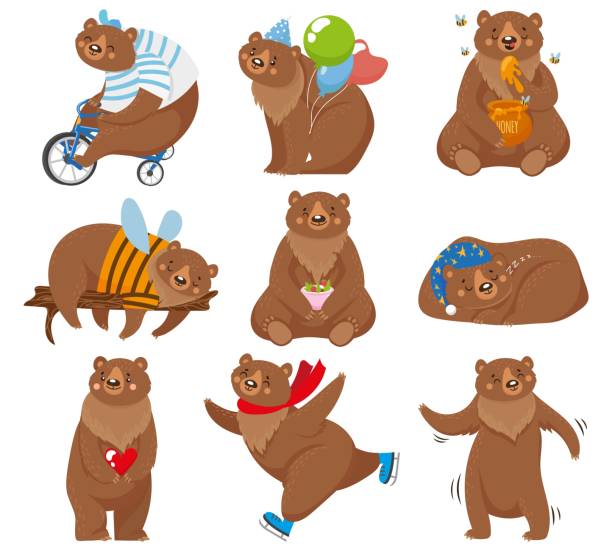 kreskówkowe niedźwiedzie. szczęśliwy niedźwiedź, grizzly zjada miód i brązowy niedźwiedź charakter w zabawnych pozach odosobnionych ilustracji wektorowych - activity animal sitting bear stock illustrations