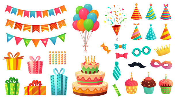 Cartoon birthday party decorations. Gifts presents, sweet cupcakes and celebration cake. Colorful balloons vector illustration set Cartoon birthday party decorations. Gifts presents, sweet cupcakes and celebration cake. Colorful balloons, carnival celebration food and candy. Isolated vector illustration icons set birthday stock illustrations
