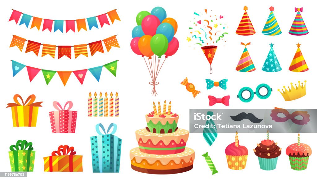 卡通生日派對裝飾。禮物、甜紙杯蛋糕和慶祝蛋糕。彩色氣球向量插圖集 - 免版稅生日圖庫向量圖形