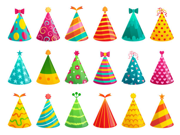 мультфильм день рождения шапки. забавный праздник крышка, праздник конуса и красочные бумажные шляпы вектор иллюстрации набор - hat conical stock illustrations