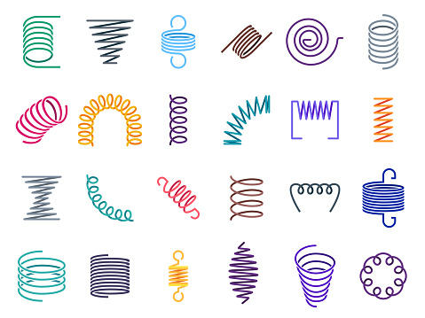 Color coil spirals. Metal coils, flexible wire springs and spiral spring. Vape coils, industrial flexibly absorber steel shrunk spirals equipment. Colorful isolated vector icons set