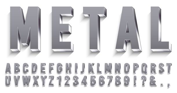 realistische metall-schriftart. glänzende metallische buchstaben mit schatten, chromtext und metallen alphabet 3d vektor-set - metallic stock-grafiken, -clipart, -cartoons und -symbole