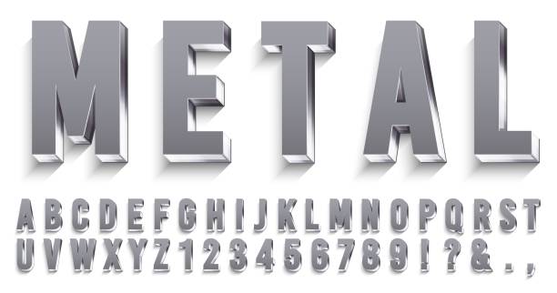 Realistic metal font. Shiny metallic letters with shadows, chrome text and metals alphabet 3D vector set Realistic metal font. Shiny metallic letters with shadows, chrome text and metals alphabet. Credit cards steel abc and numbers, futuristic iron font. 3D vector isolated symbols set Text stock illustrations