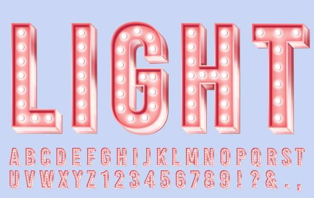 istock Pink lighting font. Alphabet letters with bulbs, retro numbers and bright bulb lights in letter 3d vector illustration 1159786862