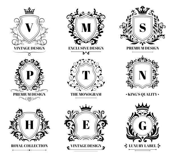 ilustrações, clipart, desenhos animados e ícones de emblemas de escudos reais. frame luxuoso do logotipo do ornamento do vintage, sinal decorativo retro do protetor e ornamento decorativos jogo do emblema - coat of arms insignia retro revival certified