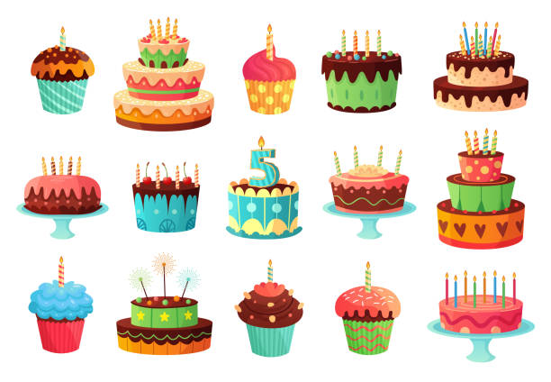 漫画の誕生日パーティーケーキ。甘い焼きケーキ、カラフルなカップケーキやお祝いケーキベクトルイラストセット - ケーキ点のイラスト素材／クリップアート素材／マンガ素材／アイコン素材