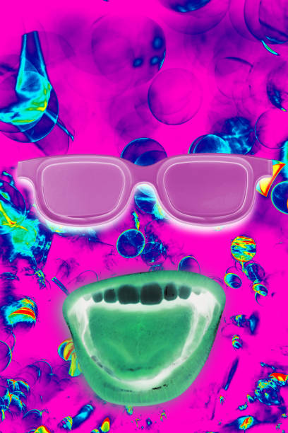 istock Pink Glasses with open mouth shows a tongue. Beautiful  Creative negative background. 1159787888