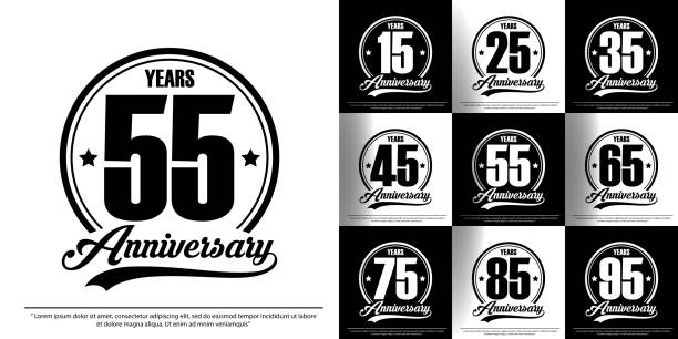 set of anniversary celebration emblem, 15th-95th anniversary logo label, black and white stamp isolated. template design for web,poster, booklet, leaflet, flyer, greeting and invitation card set of anniversary celebration emblem, 15th-95th anniversary logo label, black and white stamp isolated. template design for web,poster, booklet, leaflet, flyer, greeting and invitation card 75th anniversary stock illustrations
