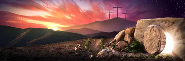 Empty Tomb Of Jesus Christ At Sunrise With Three Crosses In The Distance - Resurrection Concept