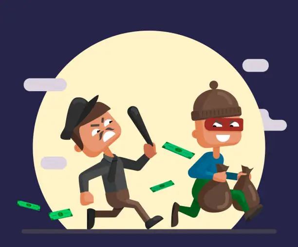 Vector illustration of Vector cartoon illustration of a police officer and thief