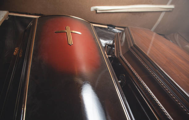 istock Wooden coffins in the dark room. 1159790268